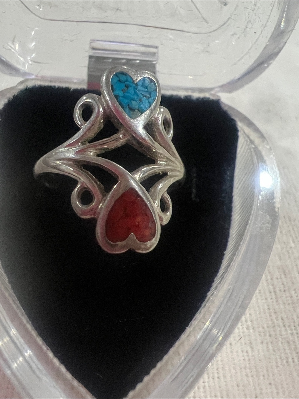 B#70-Sterling Silver Heart Ring with Blue and Red Inlay